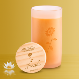 Kerze im Glas Freude – Sonnenblume, Gänseblümchen, Ringelblume & Johanniskraut